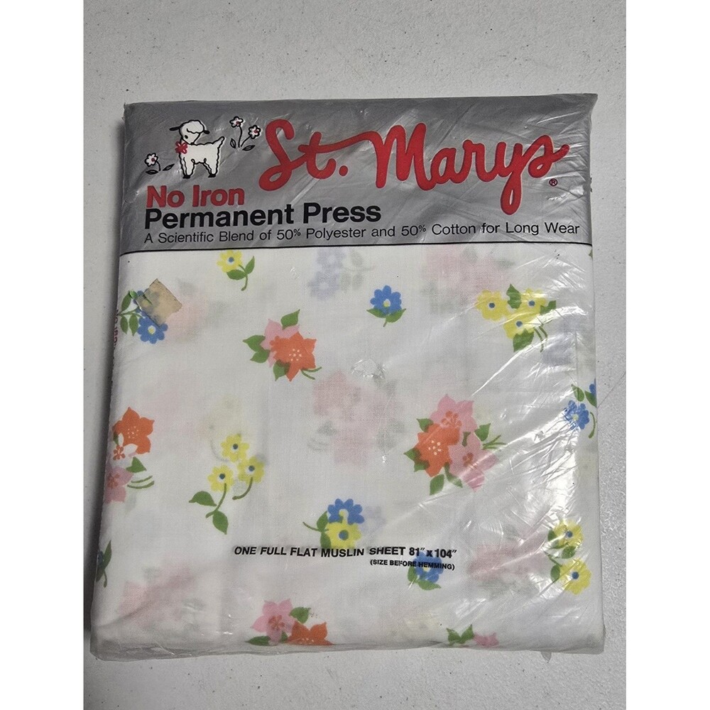 Vintage St Marys FULL FLAT sheet Small Flowers Floral Pink Yellow NOS Muslin